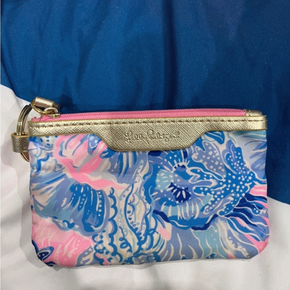 Lilly Pulitzer Gold and Blue Floral Cosmetic Bag
